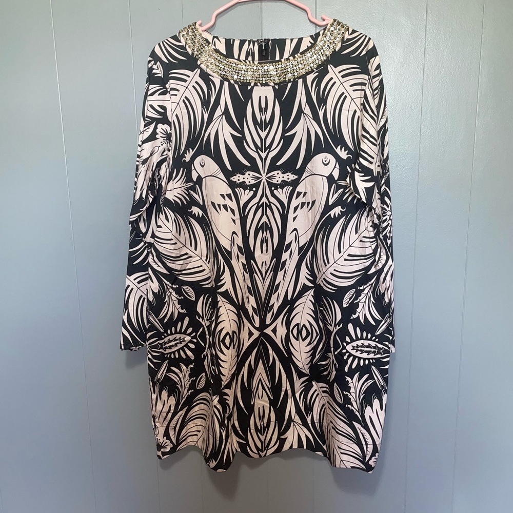 Sheridan French Blair Black Cream Parrot Long Sleeve Dress Large
